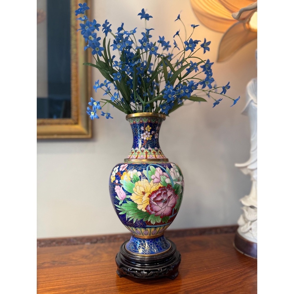 Vintage Cloisonné Vase with Carved Wood Stand